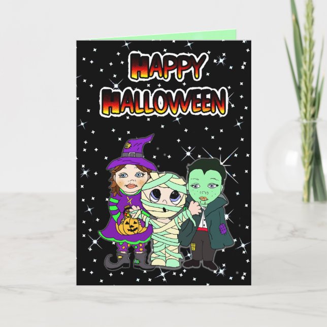 Carte Happy Halloween Kid Witch, maman et Vampire (Devant)