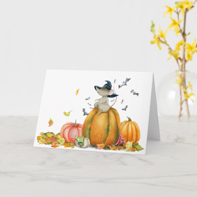 Carte Happy Halloween mignon souris sorcière (Fleur jaune)