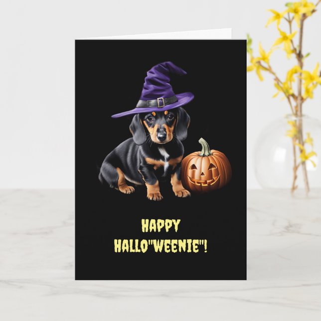 Carte Happy Halloween mignonette Dachshund avec Grinning (Fleur jaune)