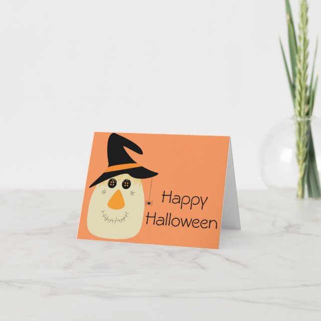 Carte Happy Halloween mignonette Scarecrow et Spider (Devant)