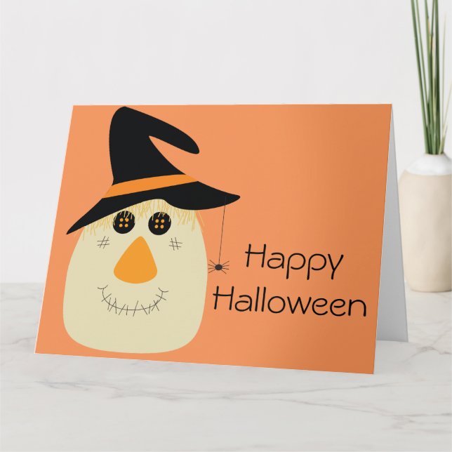 Carte Happy Halloween mignonette Scarecrow et Spider (Devant)