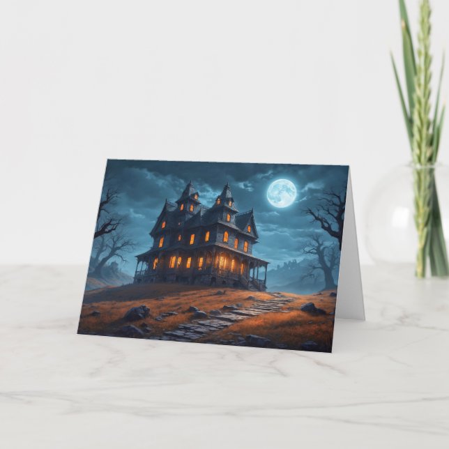 Carte Happy Halloween mystérieuse maison hantée (Devant)