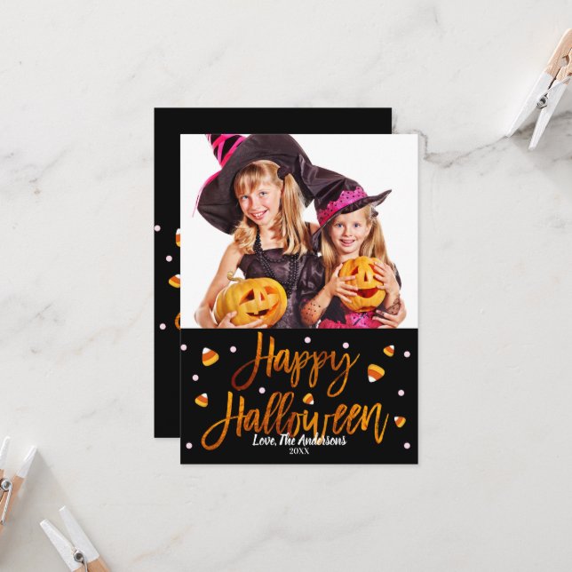 Carte Happy Halloween Orange Foil Photo Script moderne (Devant/Arrière en situation)