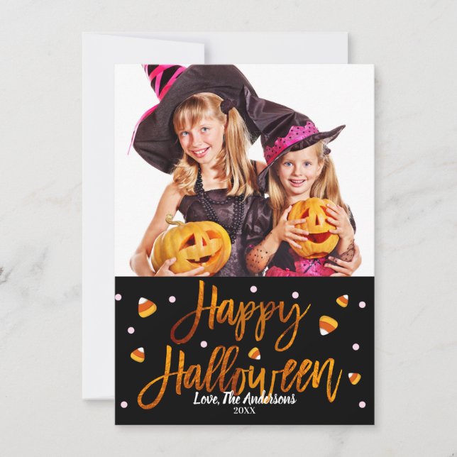 Carte Happy Halloween Orange Foil Photo Script moderne (Devant)