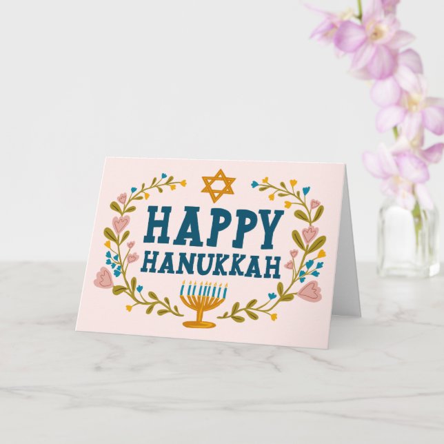 Carte HAPPY HANOUKKA floral wreath Juif Personnalisable (Orchidée)
