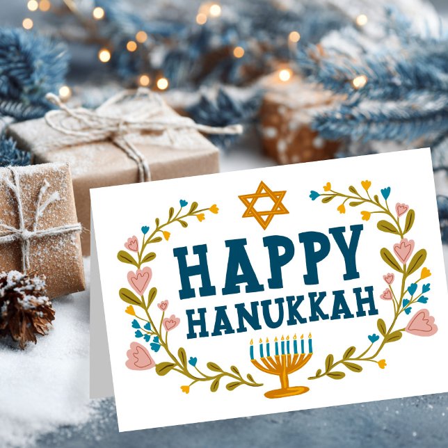 Carte HAPPY HANOUKKA floral wreath Juif Personnalisable (HAPPY HANUKKAH floral wreath Jewish Customizable Holiday Greeting Card
)