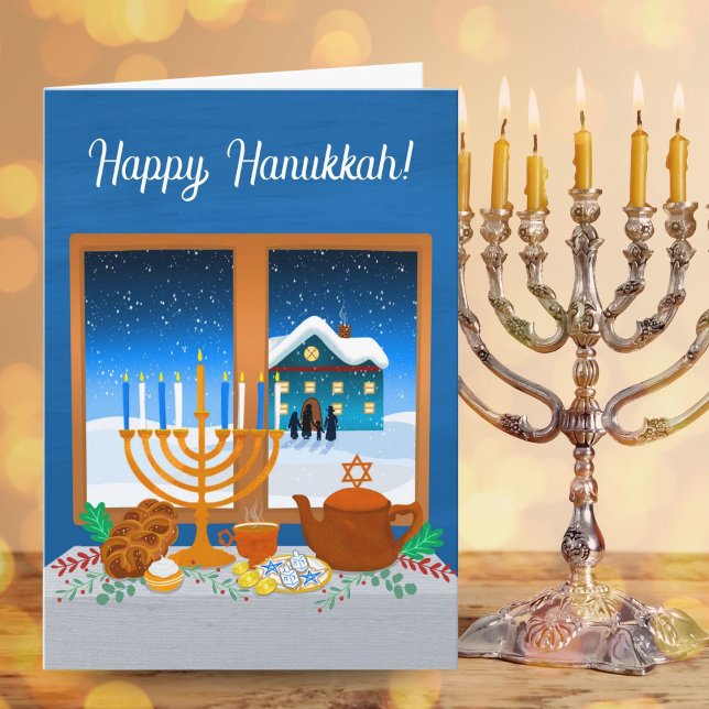 Carte Happy Hanukkah Window Scene Cozy Winter  (Créateur téléchargé)