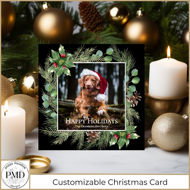 Carte Happy Holidays Pet Photo Wreath Square Card (Happy Holidays Pet Photo Wreath Square Christmas Card with Your Photo, Name, Year, Optional Greeting)