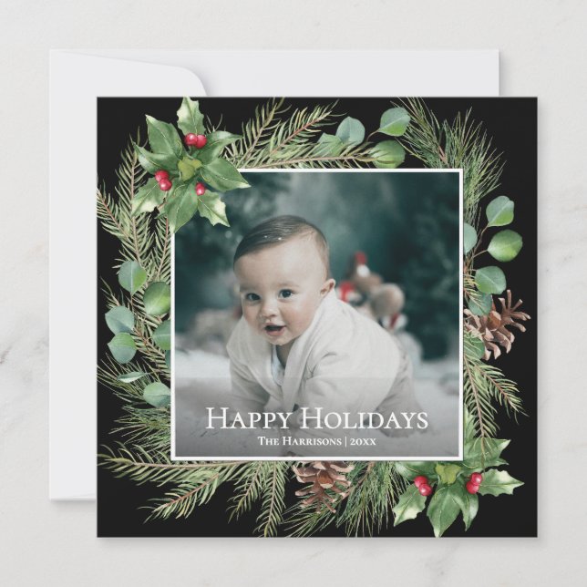 Carte Happy Holidays Photo Wreath Square Christmas Card (Devant)