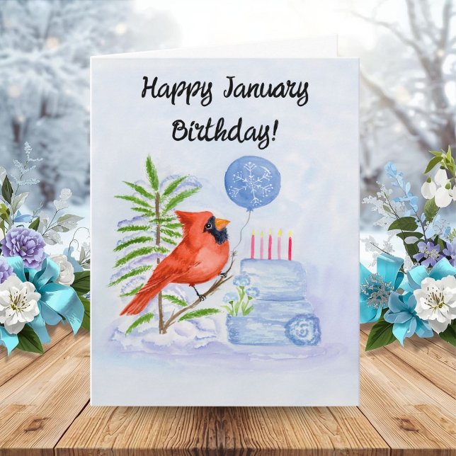 Carte Happy January Birthday Cardinal with Birthday Cake (Créateur téléchargé)