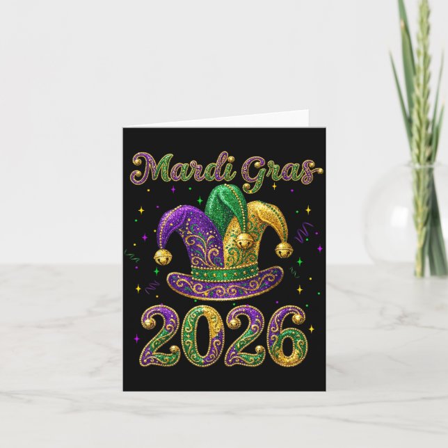 Carte Happy Mardi Gras 2026 Jester Hat New Orleans Men W (Devant)
