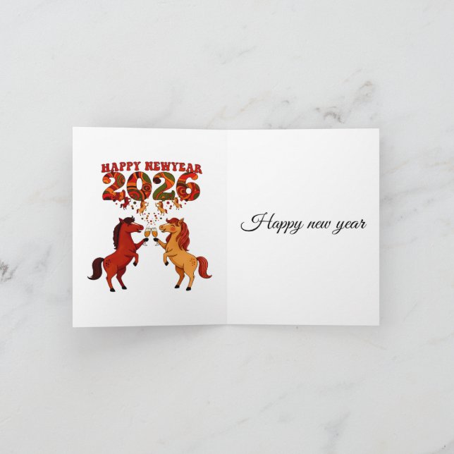 Carte Happy New Year 2026 – Celebrating Horses with Cham (Intérieur)