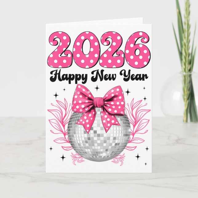 Carte Happy New Year 2026 Coquette Bow &amp; Disco Ball  (Devant)