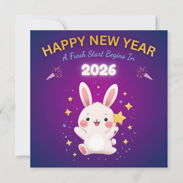 Carte Happy New Year 2026 Greeting Card with Cute Bunny (Devant)