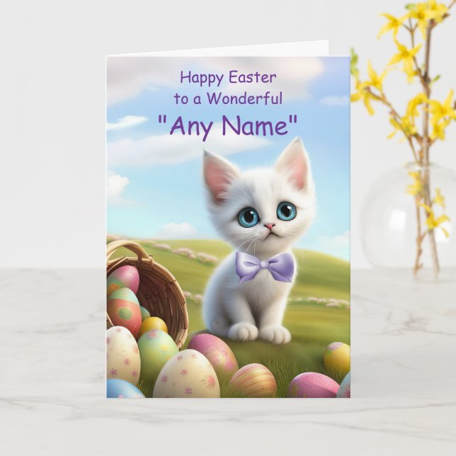 Carte Happy Pâques Nom personnalisé Cute Kitten et Oeufs (Fleur jaune)