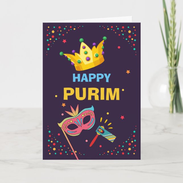 Carte Happy Purim Festive Mask Noise Maker et Confetti (Devant)