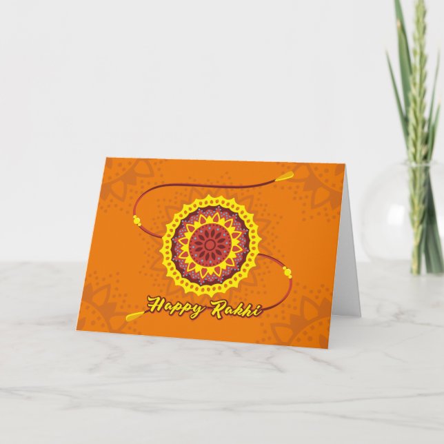 Carte Happy Raksha Bandhan, orange, bracelet jaune (Devant)