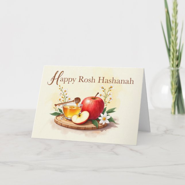 Carte Happy Rosh Hashanah pomme et miel avec fleurs (Devant)