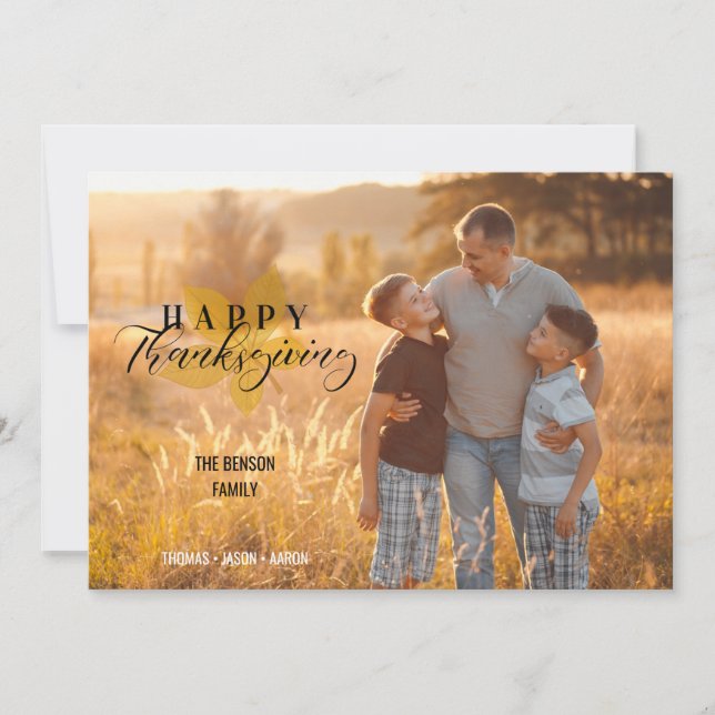 Carte Happy Thanksgiving Script Leaves Family Photo (Devant)