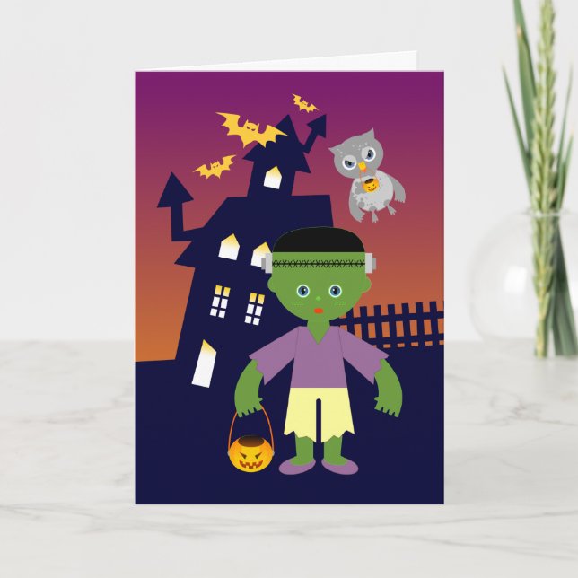 Carte Haunted House and Halloween witch and Frankenstein (Devant)