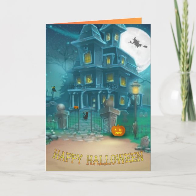 Carte Haunted House Happy Halloween-sorcière, citrouille (Devant)