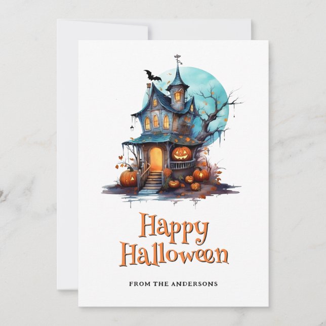 Carte Haunted House Skeleton Ghost Bat Halloween (Devant)