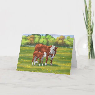 Carte Hereford Cow & Cute Calf dans les pâturages d'été