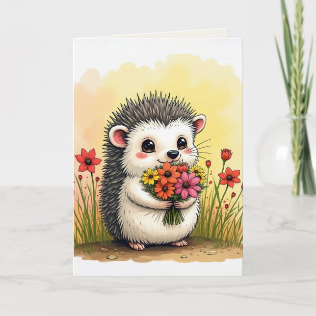 Carte Hérisson Anniversaire Avec Bouquet Fleur (Devant)