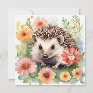 Carte Hérisson et fleurs à l'aquarelle 