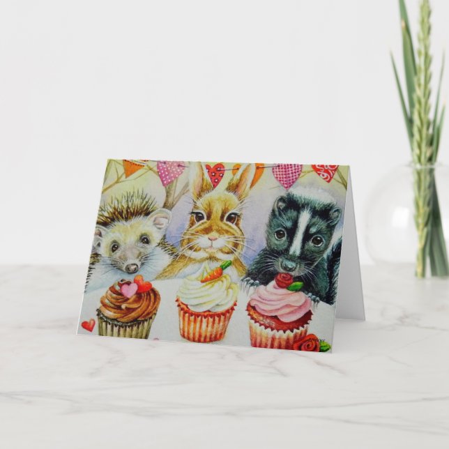 Carte Hérisson Rabbit Skunk & Cupcakes Watercolor Art (Devant)