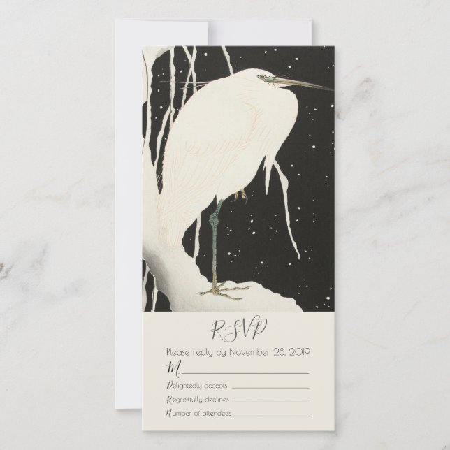 Carte Héron blanc dans la neige hiver thème de mariage R (Devant)