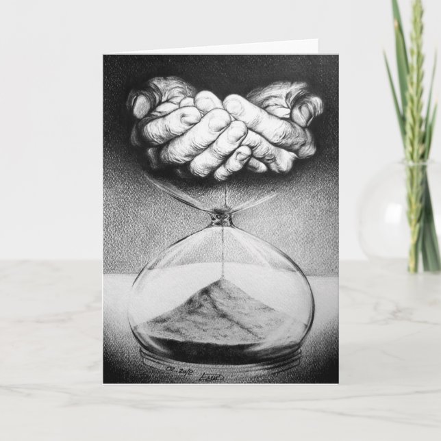 Carte Heure sablier mains Crayon dessin Surreal art (Devant)