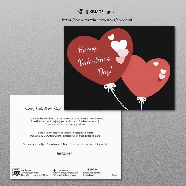 Carte Heureuse Sainte-Valentin à deux ballons (Two Balloons Happy Valentine's Day Voucher Card, Small Business Marketing Item)