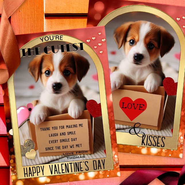 Carte Heureuse Sainte-Valentin Chien Chien Mignonn (A romantic and cute Valentine's Day card featuring a puppy dog delivered in a box)