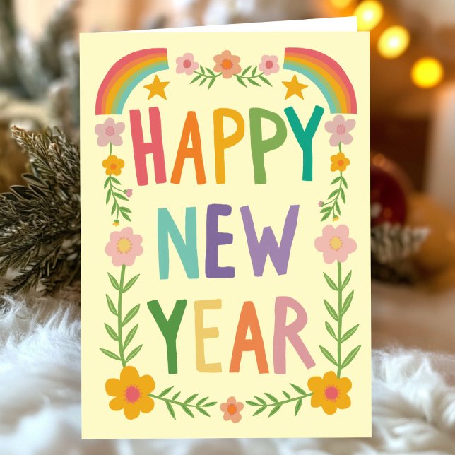 Carte HEUREUX Whimsical HEUREUX manuel de la nouvelle an (Cheerful Whimsical Rainbow HAPPY NEW YEAR Handlettering Card
)