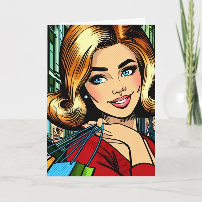 Carte Hey Bestie, Retro Pop Art Comic Shopping Girl (Devant)