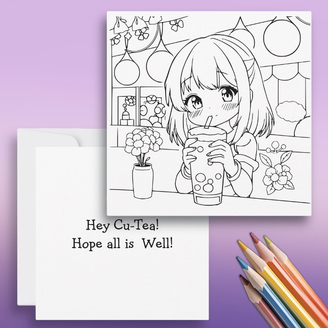 Carte Hey Cu-Tea Drôle Boba Pun | Page Couleur adulte (Créateur téléchargé)