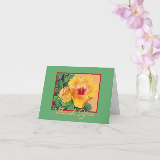 CARTE HIBISCUS JAUNE AVEC CENTRE/CARTE POUR NOTES MERCI  (Orchidée)