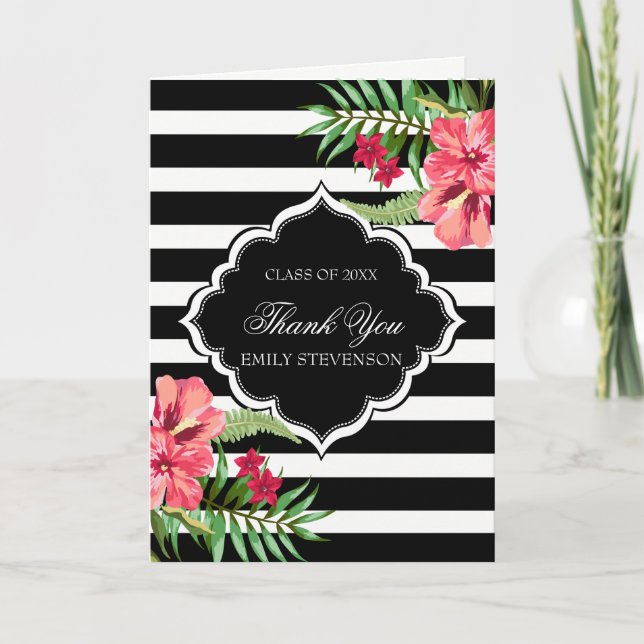Carte Hibiscus Rose Et Bandes Noires - Graduations (Devant)