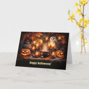 Carte Hibou d'Halloween avec bougies et feuillage d'auto
