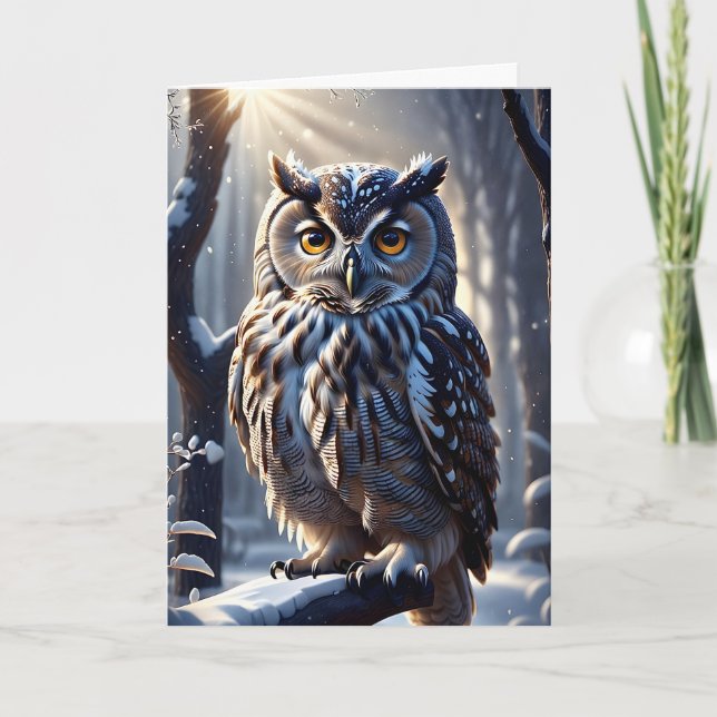 Carte Hibou grand duc magnifique dans la neige sur une b (Devant)