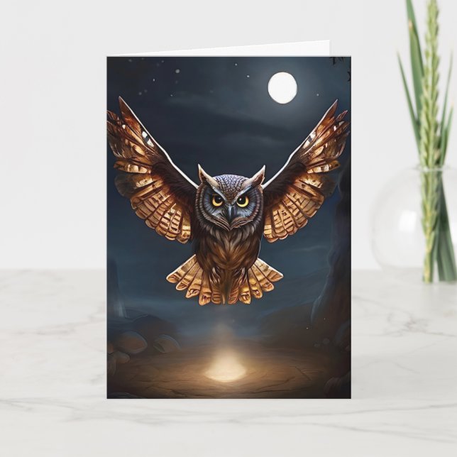 Carte Hibou Magnifique Volant la Nuit sur Feu Vierge (Devant)