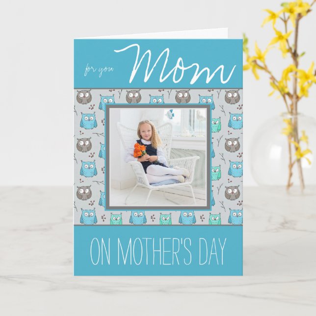 Carte Hiboux gris et bleu avec photo Fête des mères (Fleur jaune)