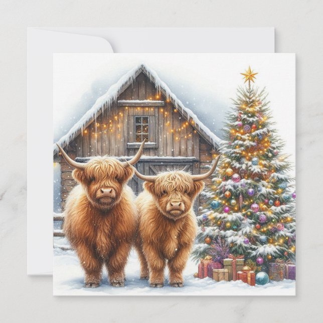 Carte Highland cows, tree and a barn Christmas card (Devant)