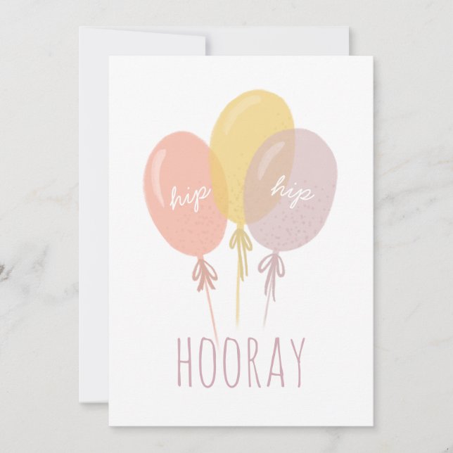 Carte Hip Hip Hooray, Joyeux anniversaire. Ballons migno (Devant)