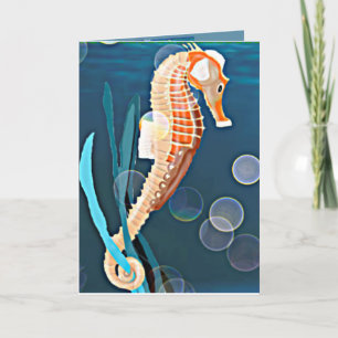 Carte Hippocampe orange sur la mer avec des bulles