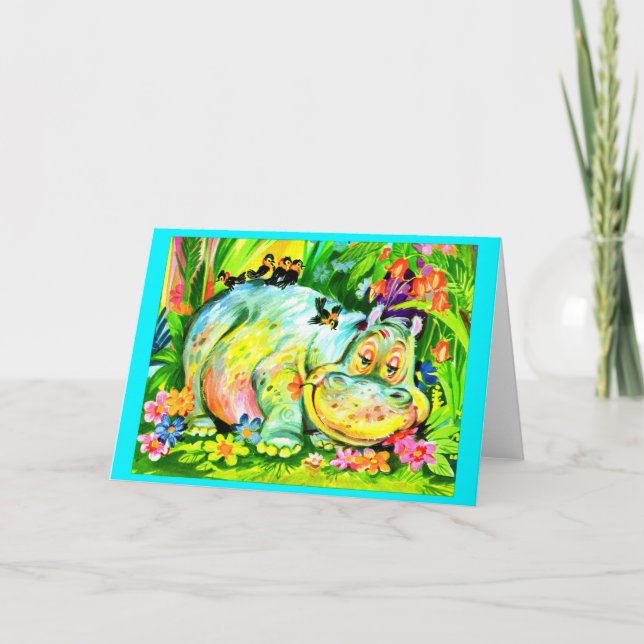 Carte hippopotame et oiseaux aux couleurs vives (Devant)