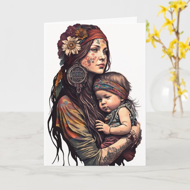 Carte Hippy mère & fille, Fête des mères (Fleur jaune)