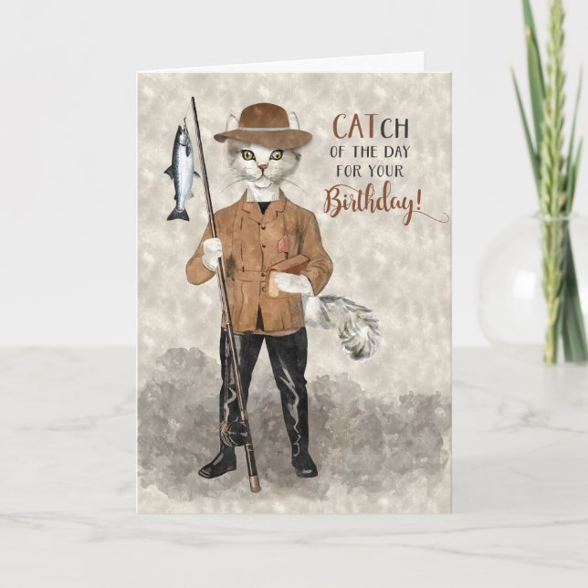 Carte Hipster Chat Pêche Thème Amusant Anniversaire (Devant)