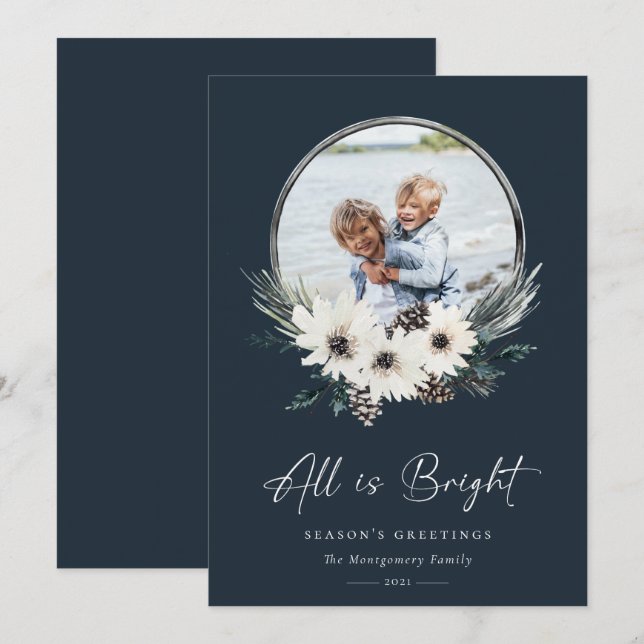 Carte Hiver Floral Hoop Wreath Photo Holiday Card (Devant / Derrière)
